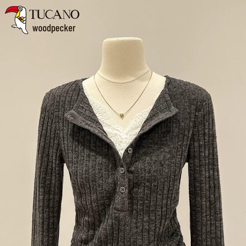Woodpecker Women's Lace Faux Two-Piece Long Sleeve Knit Top
