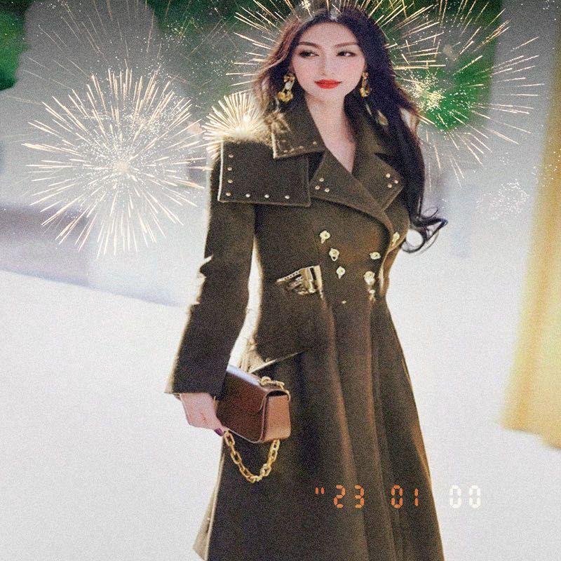 

Green Fashion Style Double Breasted over the Knee Woolen Coat Light green 4XL