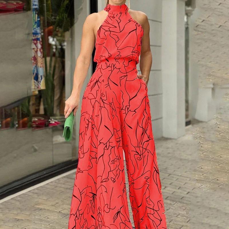 European American Style Round Neck Sexy Printed High Waist Flared Jumpsuit For Women