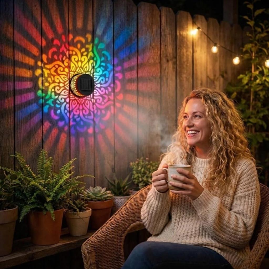 Seven‑Color Solar Mandala Wall Lights Outdoor Decorative Projection Lamp, Waterproof Metal Fence Light For Yard Garden Patio Backyard Post