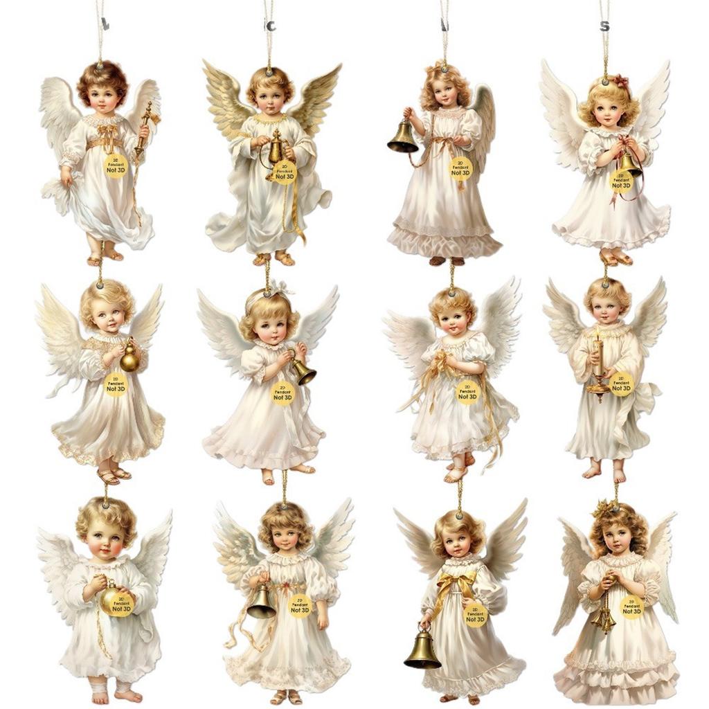 2D 12 Piece Set Of Victorians Angel Wooden Decoration Set, Traditional Holiday Home Window Decoration