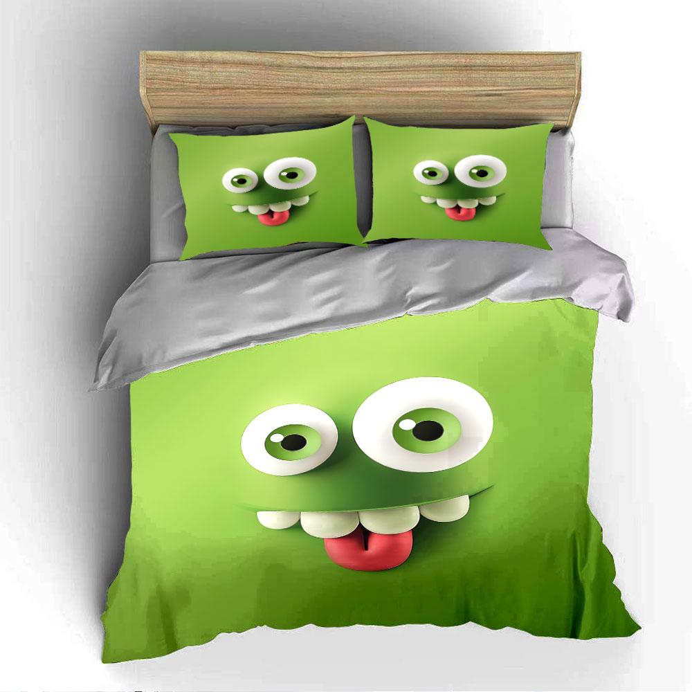 Green Cartoon Funny Face Bedding Duvet Cover Set Duvet Cover Pillowcases (1*Duvet Cover 2*Pillowcases, without duvet insert)