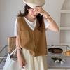 Korean Solid Color Pocket Knit Vest Cardigan Women Loose Versatile V Neck Sleeveless Sweater