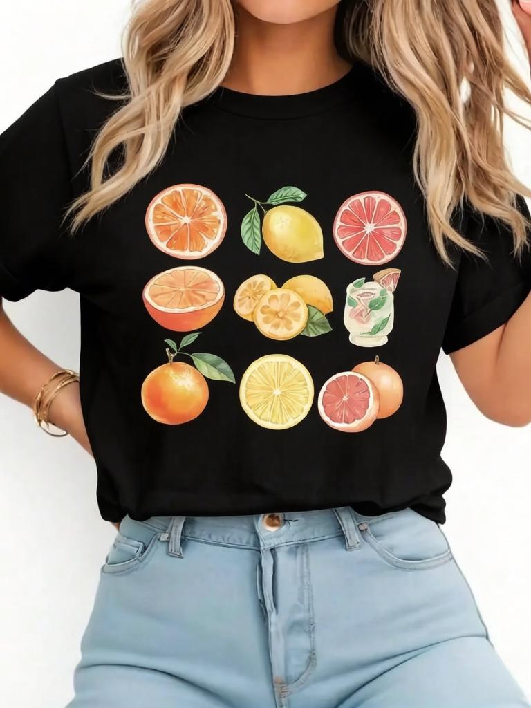 

Summer Lemon Orange Cocktail Print Womens Tshirt Casual Y2k Loose Breathable Graphic Tops Short Sleeve Ins Female Clothing S