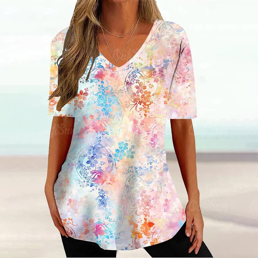 Floral Ladies V-Neck T-Shirt Summer Outdoor Fashion Short Sleeve Top 3D Printing OverSize Ladies Clothing Casual T-Shirt