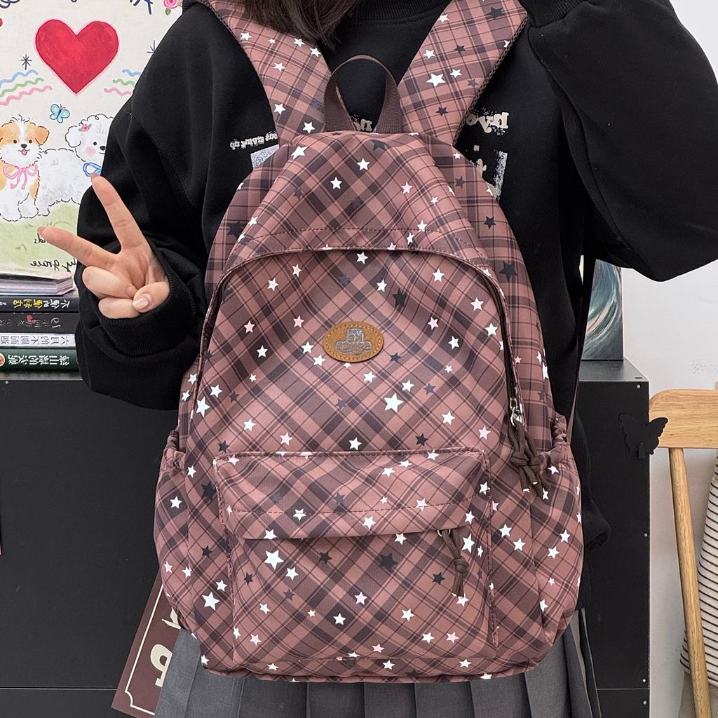 Schoolbag Backpack Female Plaid Student Travel School Bag Female Star Plaid Large Capacity Backpack School Bag Ins Niche
