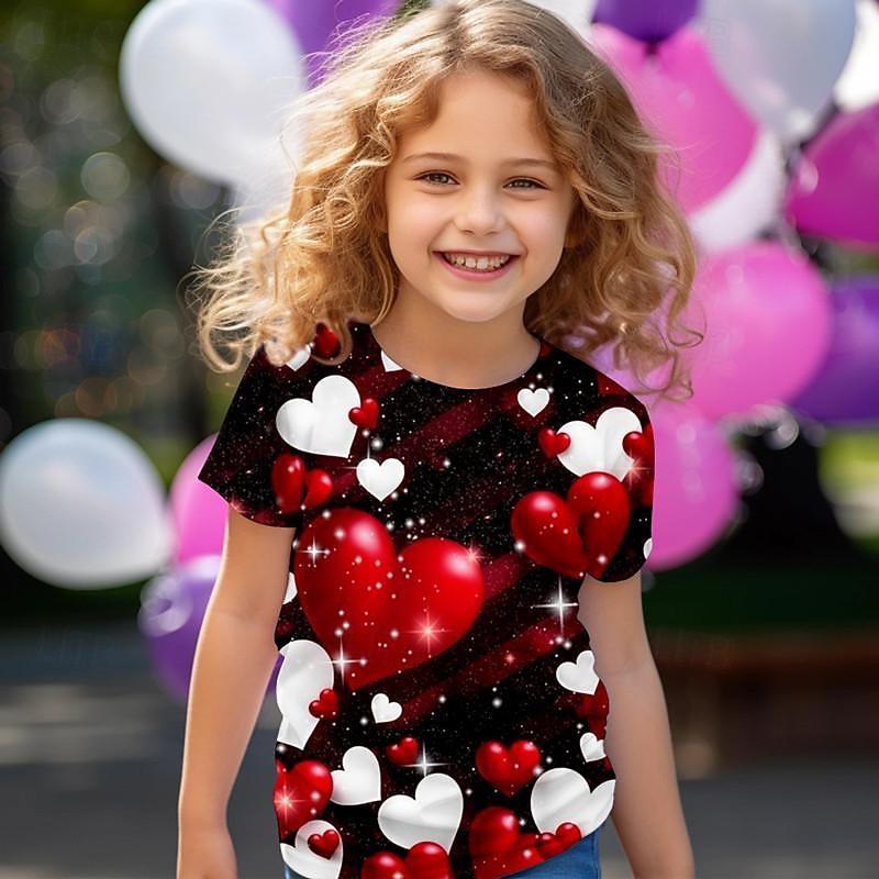 Valentines Girls' 3D Heart Tee Shirt Pink Short Sleeve 3D Print Summer Active Fashion Top