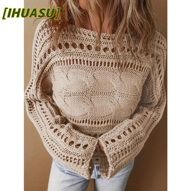 IHUASU Women's Fashion Casual Solid Color Print Autumn Winter O-Neck Long Sleeve Loose Sweaters