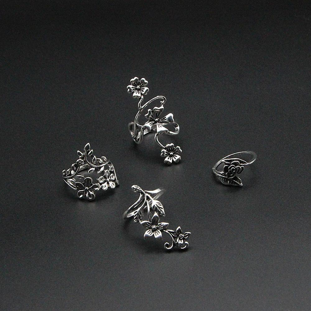 Retro 4 Pcs Hollow Flower Set Rings For Women Vintage Open Ring Punk Gothic Rock Hiphop Accessories Designer  Lovers Gift