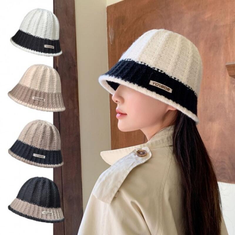Thick color block knit bucket hat ivory