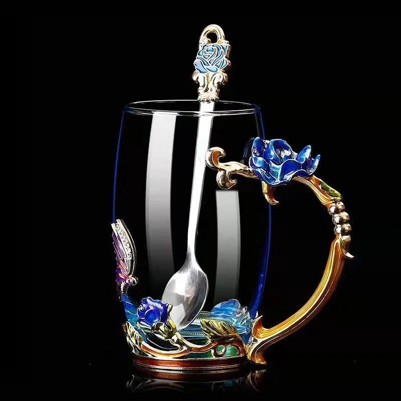 Uropean Enamel Rose Glass Cup Set with Hand-Carved Floral Design – Vintage Luxury Coffee & Tea Cups