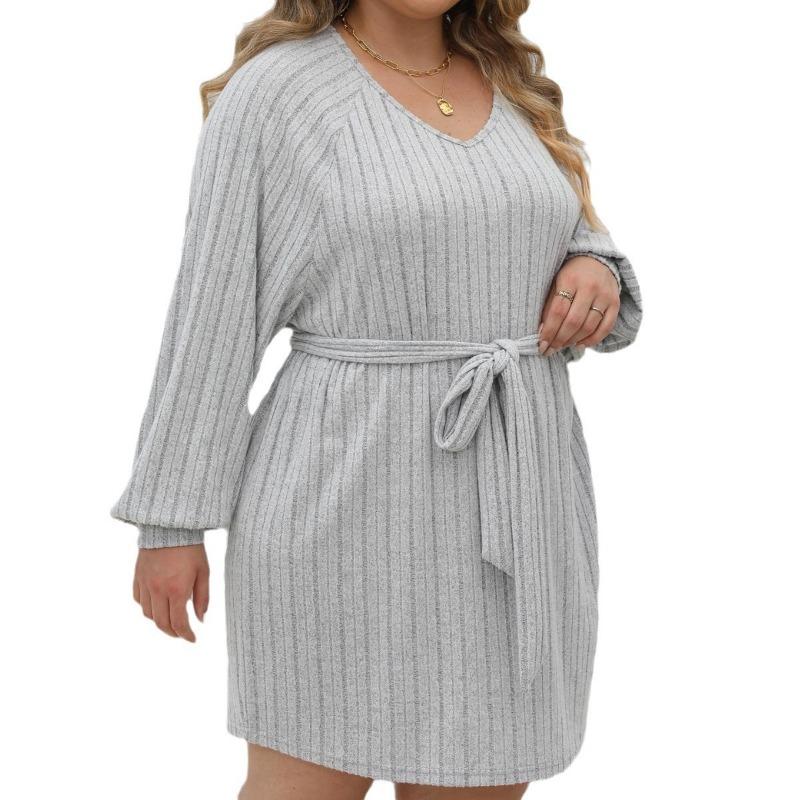 Women's Autumn and Winter Big Size Striped V-neck Casual Bottoming Simple Dresses