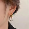 Goldfarbene Hängeohrringe mit glänzendem Zirkon-Dekor Elegantes minimalistisches Doppelschleifen-Design Creolen Schmuck Geschenk für Frauen