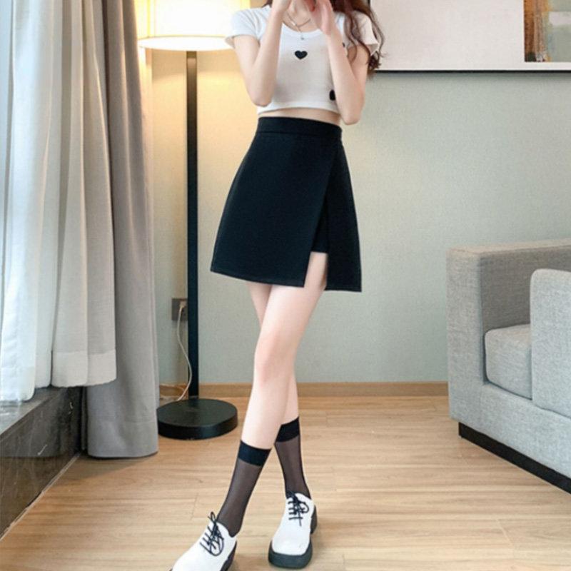 Czarne spódnice damskie rozciągliwe cienkie rozcięcia po bokach regularna Mini krótka spódniczka w stylu koreańskim wysoka talia letnie ubrania damskie Plus rozmiar