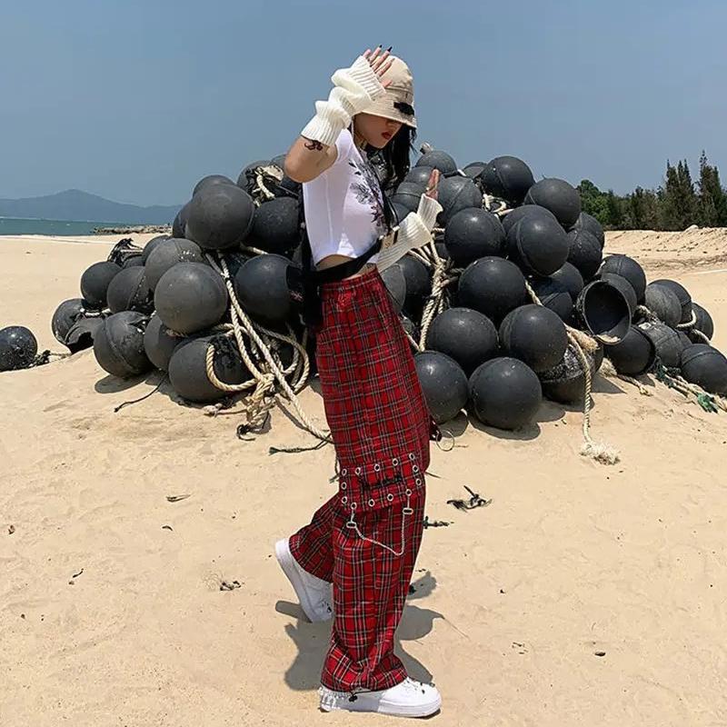 Pantaloni cu carouri Femei Imbracaminte de strada japoneza Punk Pantaloni Cargo Femei Lanț hippie Harajuku Indie Y2K Estetică Hip Hop