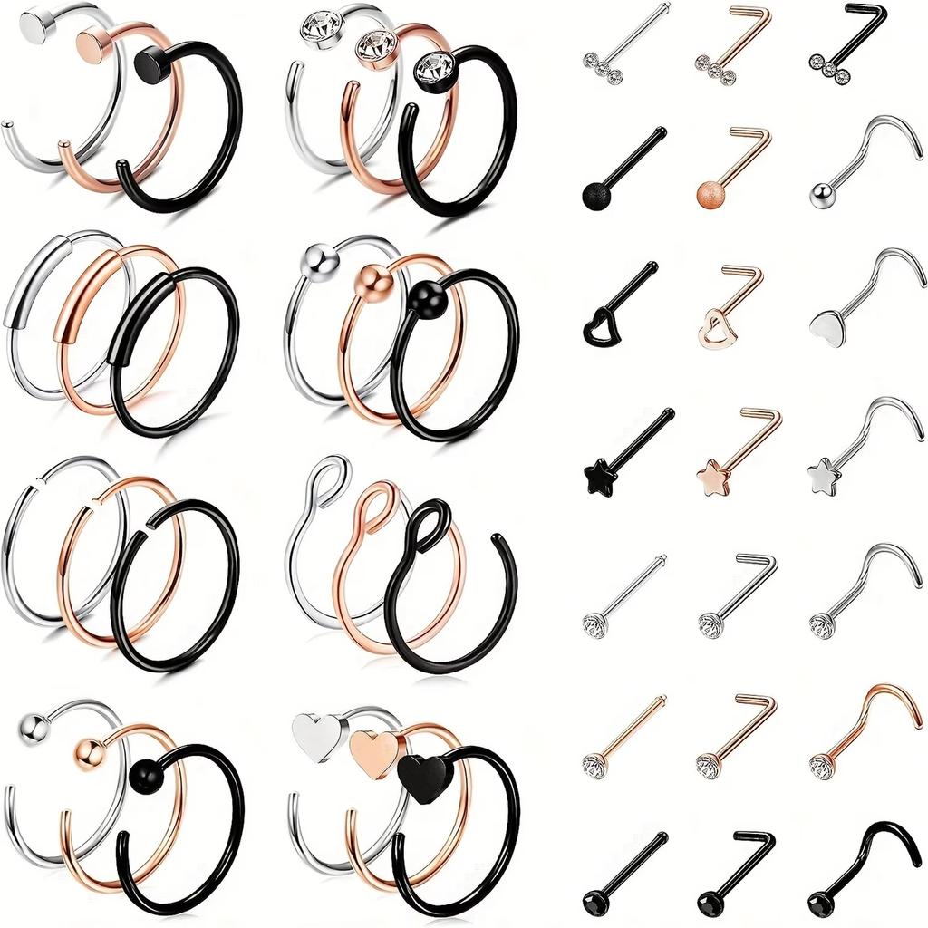 Stainless Steel Women's Stylish & Fashionable Nose Studs & Nose Rings Set, Heart-shaped Zircon Body Jewelry, Sexy Set for Dating