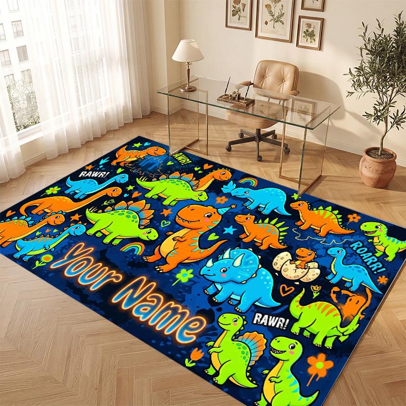 Dinosaur Theme Soft Crystal Velvet Rug Custom Name & Text Print Non Slip Floor Rug for Bedroom Living Room