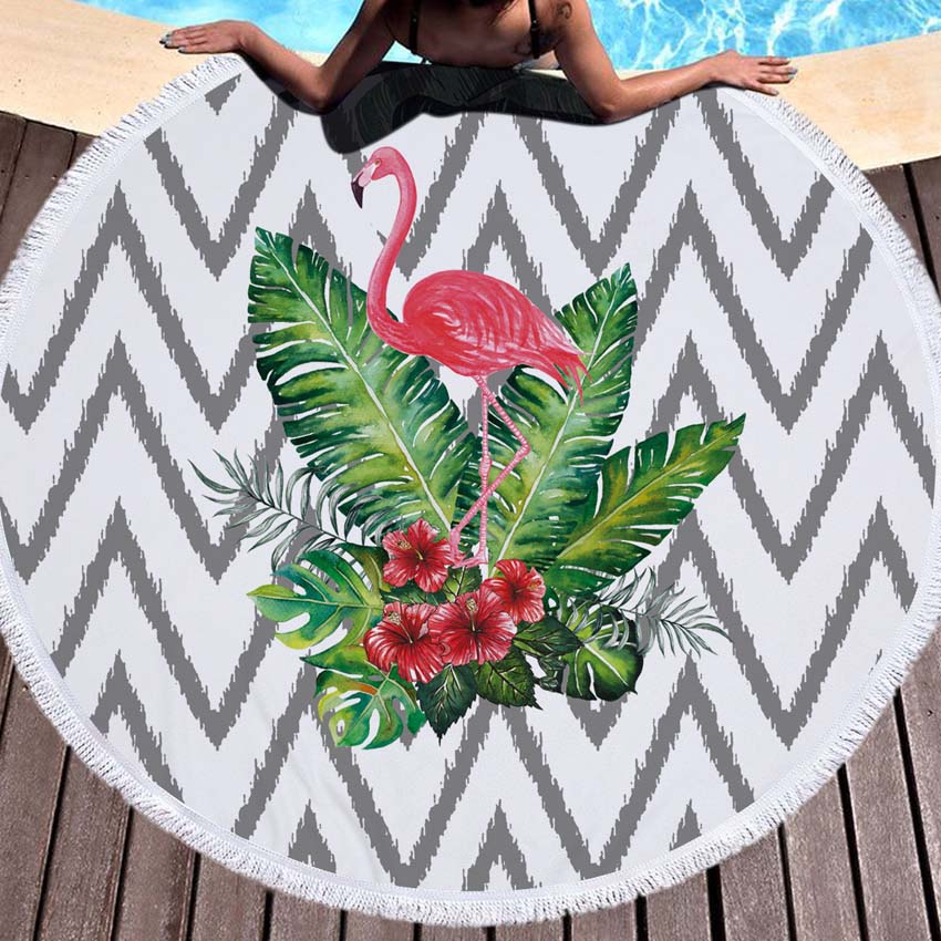 WHQ 150*150cm Flamingo Flori Imprimeu Prosop de Plajă Rotund Microfibră PROSOAPE DE DUȘ VARĂ Șal de Înot Covoraș Yoga Ciucuri