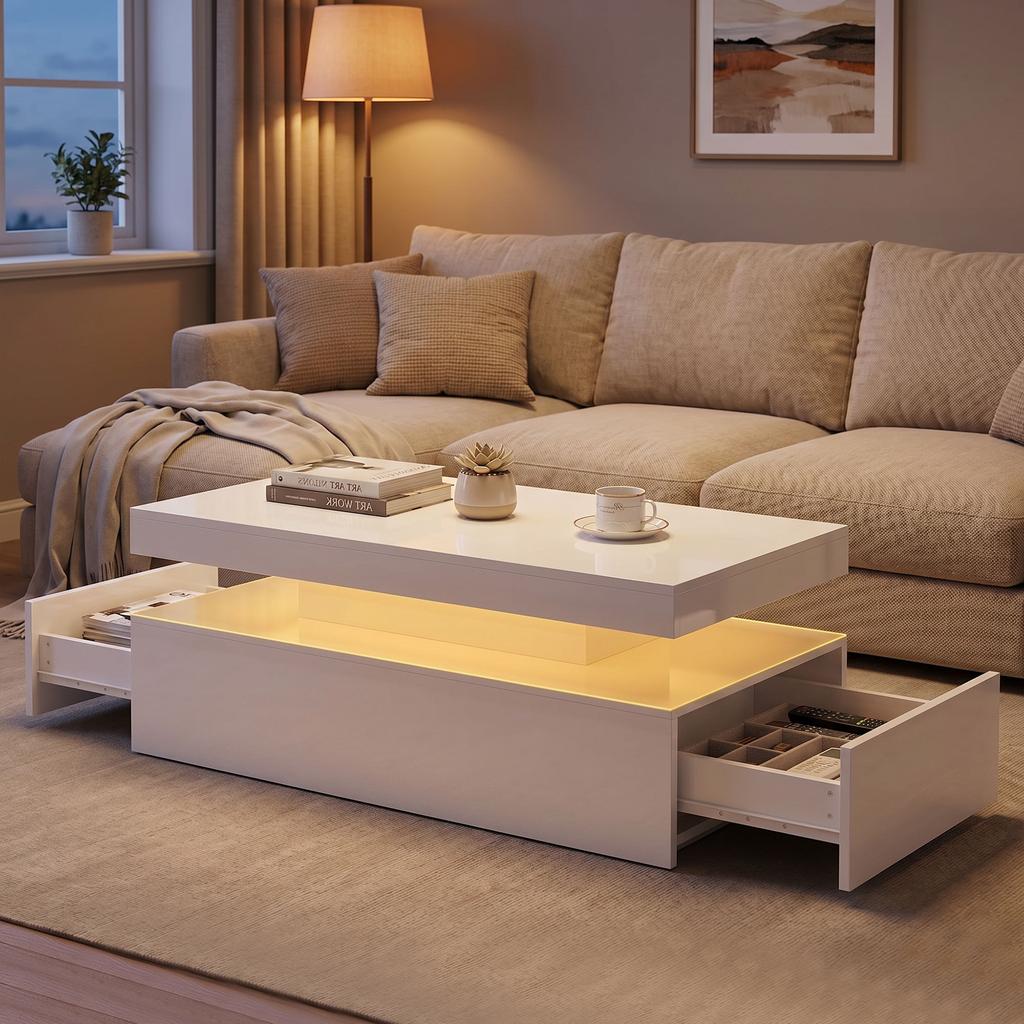 LED Coffee Table with Storage, Modern 2-Level Living Room Table with 2 Drawers, High Gloss White