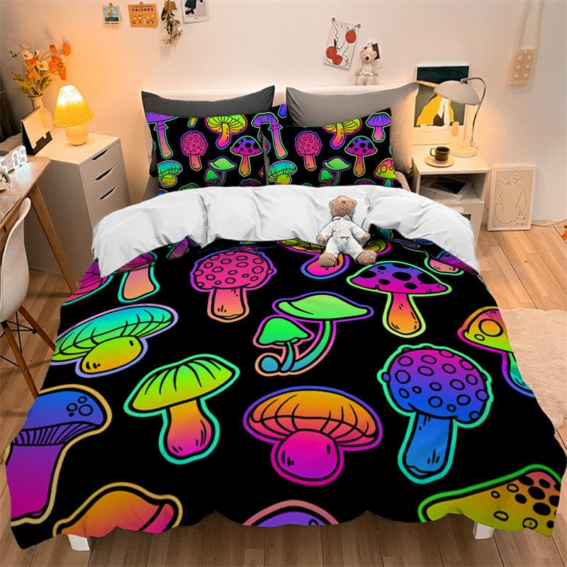Watercolor Mushroom Duvet Cover Set Wild Forest Various Mushroom Bedding Set Fantastic Landscape Comforter Cover For Kids Adults