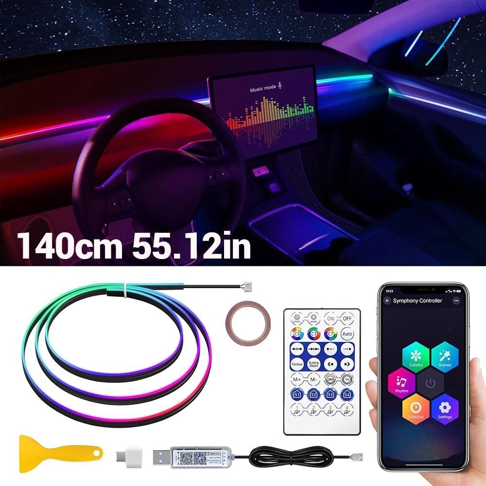 Colorful RGB Led Interior Car Lights Strip Acrylic Ambient Lights Neon Dashboard Atmosphere Backlight with USB Music Sync Rhythm