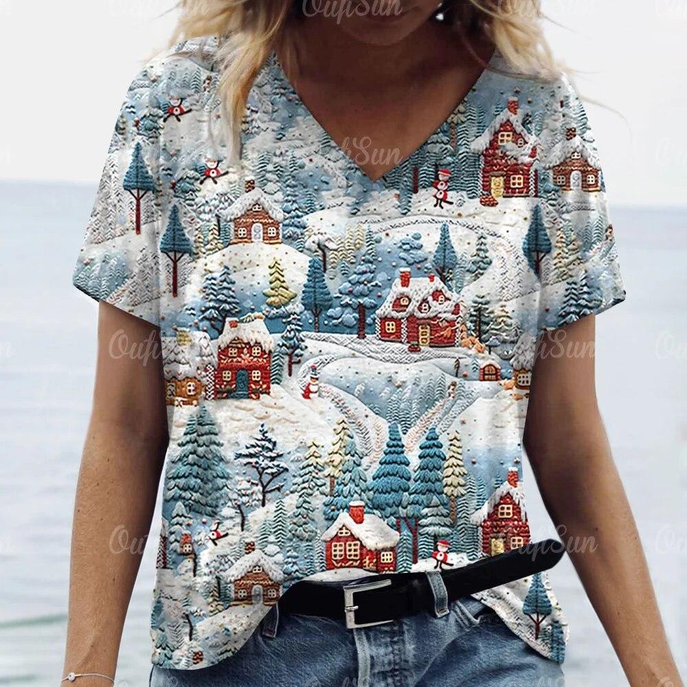 

Новая рождественская женская футболка с 3D принтом Санта-Клауса, футболки с короткими рукавами и v-образным вырезом, уличная одежда большого размера, женский пуловер в стиле Харадзюку, топы 8XL