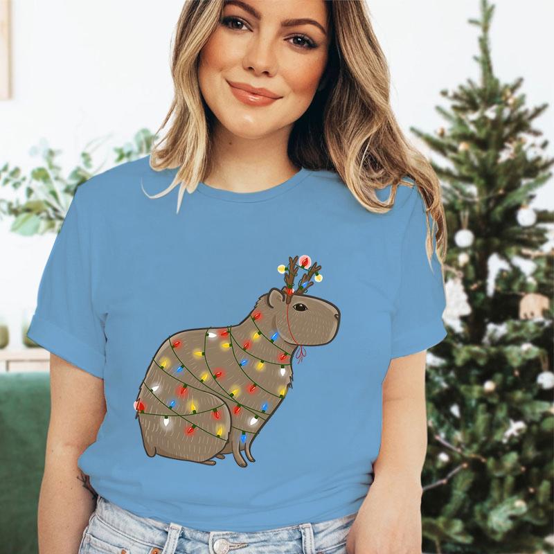 Womens Christmas Tshirt Funny Capybaras Lights Design Festive Crew Neck Girls Clothing Merry Christmas Capybara Cartoon Tshirt