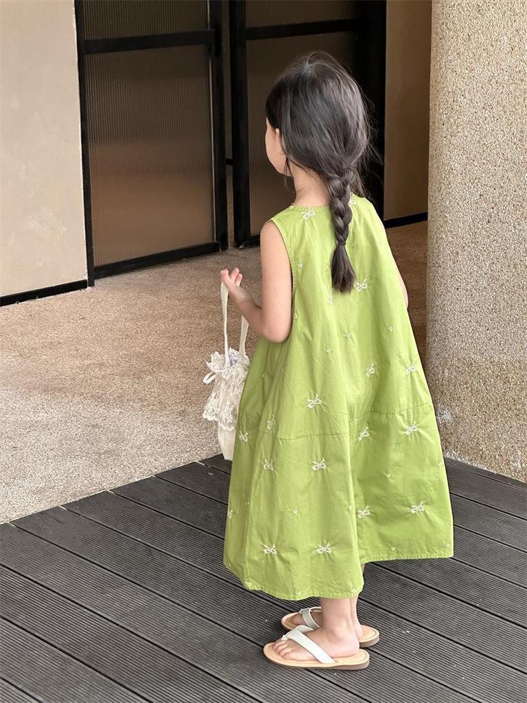 Ärmelloses Baby-Mädchen Prinzessinnenkleid im koreanischen Stil mit Schleife - Sommer Einfarbig