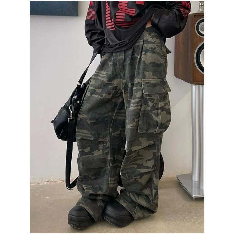 Militærgrønne jeans for kvinner med høy midje Vintage rett baggy Y2K dongeribukser hip hop amerikansk mote dongeribukse med brede ben