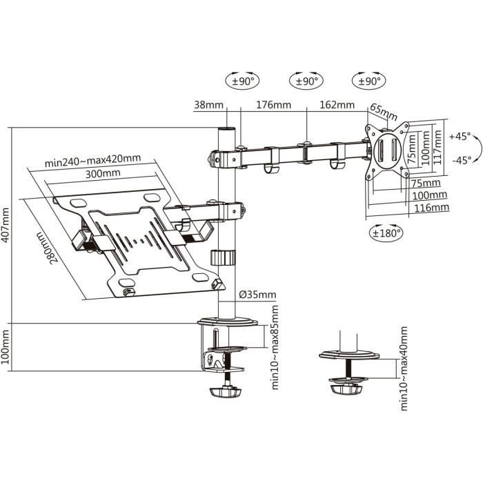 Support de table inclinable - AISENS - DTL32TSR-193 - 9 kg - 17-32 cm - Noir - VESA 100x100 mm