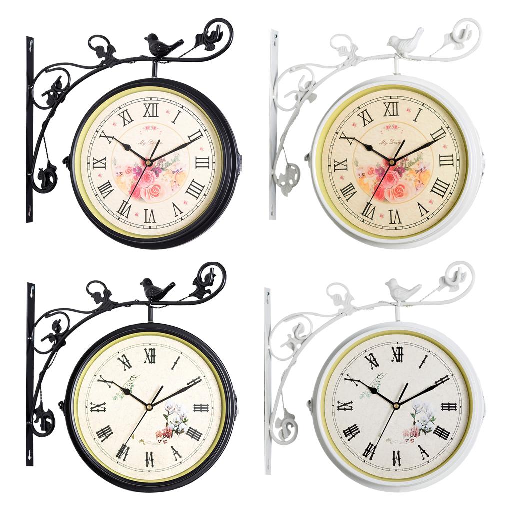 Iron Double Faced Retro Wall Hanging Clock Garden Decor, Pointer and Roman Number Dial