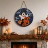 30cm Round Wooden Halloween Theme Door Sign Ghost Pumpkin Cat Party Wall Hanging Decoration for Home Indoor Outdoor Use