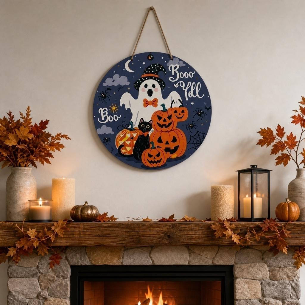 30cm Round Wooden Halloween Theme Door Sign Ghost Pumpkin Cat Party Wall Hanging Decoration for Home Indoor Outdoor Use
