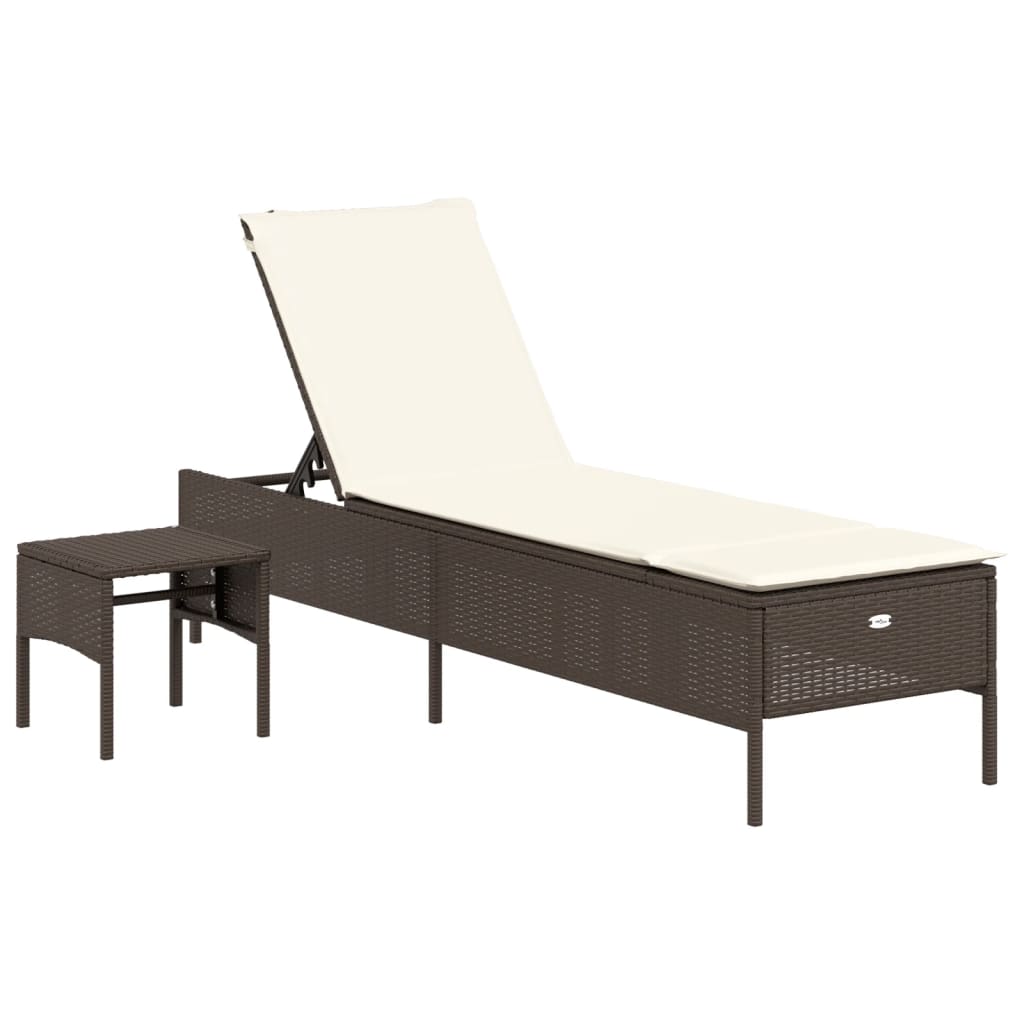 Sun Lounger with Table and Cushion Brown Poly Rattan