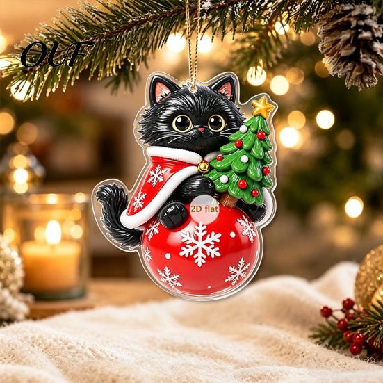 Christmas Tree Pendant Cat with Hanging Rope, 2D Flat Acrylic Ornament for Xmas Stocking Tags Decoration, Cute Holiday Decor, Party Supplies