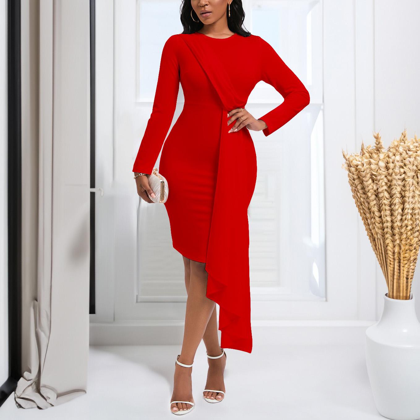 

Woman Dress O Neck Long Sleeve Big Swing Sheath Mid Calf Fashion Female Party Vestidos Mujer Plus Size Xxxl Dress S красный