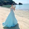 French High-end Light Blue Hollow Neck Dress Sexy Pleated Holiday Dress Summer New