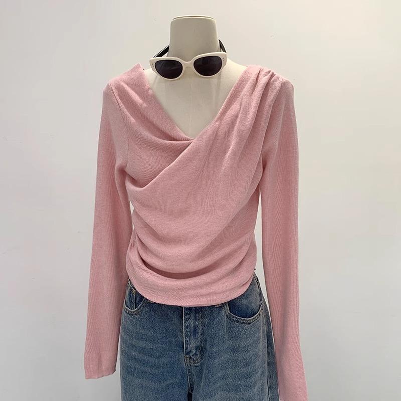 

{6 wool} Korean gentle wind autumn and winter 2025 design sense solid color V-neck knitted sweater thin warm one size fits all рожевий