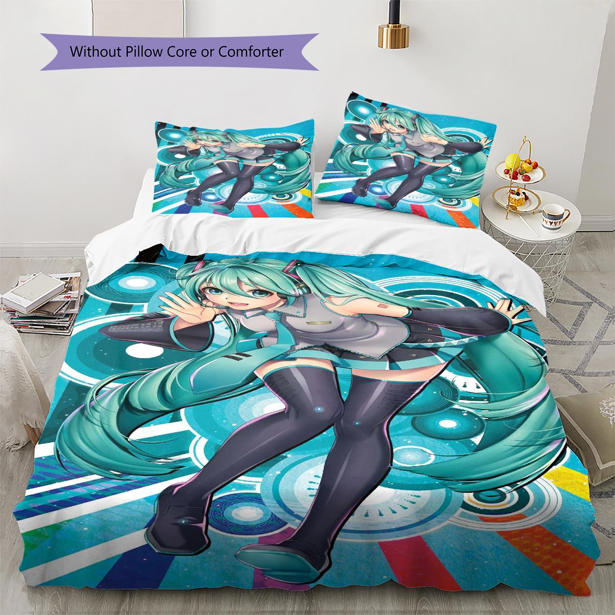 Miku Anime Pattern Bedding Quilt Set Quilt Cover Pillowcase Home Decoration Gift (1 * duvet cover + 2 * pillowcase, without core) 135x200cm