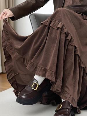 Women's 2026 A-Line Layered Velvet Umbrella Skirt with Elastic Waist - Mid-Length, In Stock