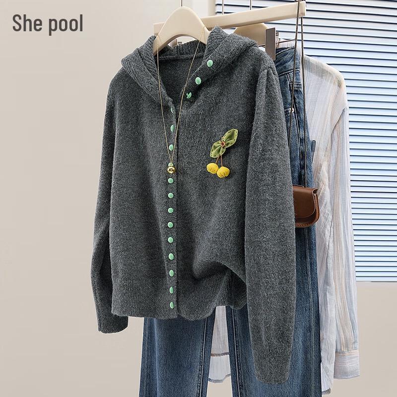 

Women s Hooded Single-Breasted Knit Cardigan with 3D Floral Decoration S