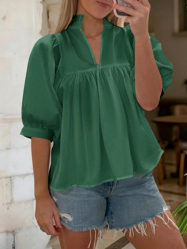 Women's Puff Sleeve V Neck Babydoll Blouse Peplum Pleated Loose Dressy Casual Top