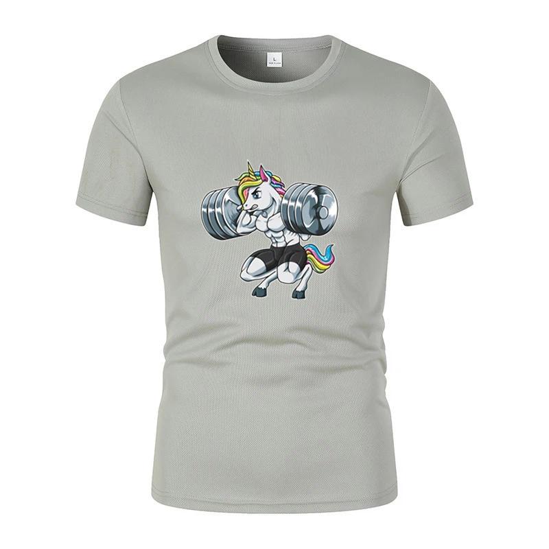 Fun Gym Unicorn Weightlifting Fitness Bodybuilding Printed Round Neck T-Shirt Summer Breathable Quick-Dryingcasual Short Sleeves
