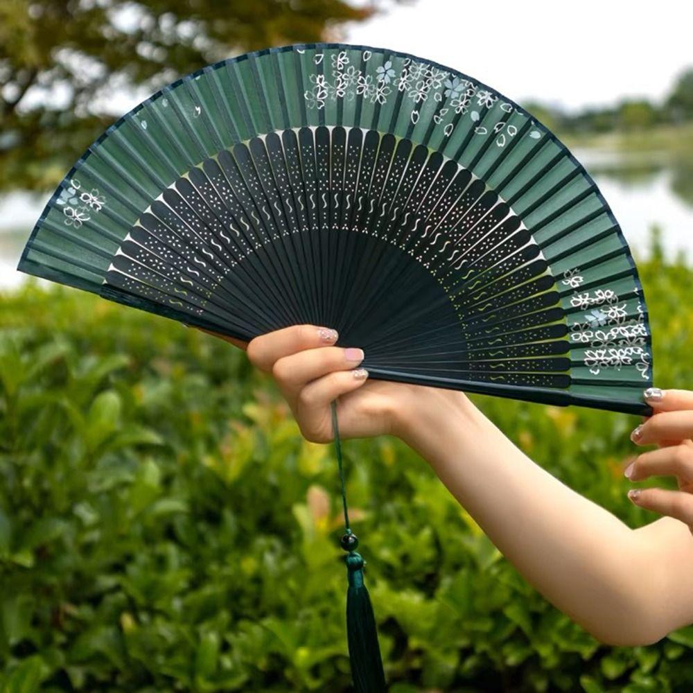 Elegant Chinese Style Folding Fan Flower Tassel Folding Fan Carved Bamboo Folding Fan  Dance Prop