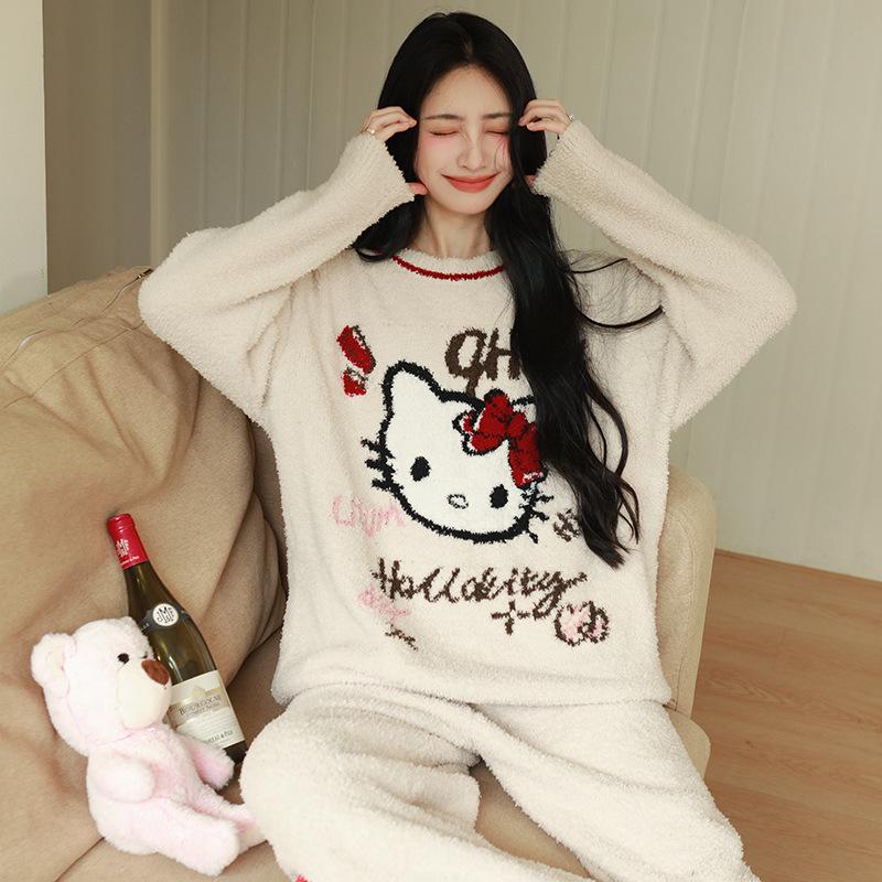 2025 Autumn/Winter Women's KT Cat Thickened Velvet Pajamas Set - Warm Long-Pile Fleece Homewear