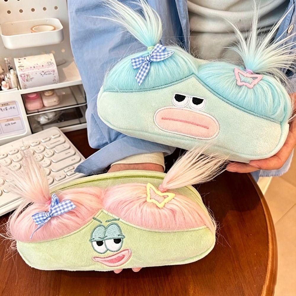 Cute Ugly Pencil Case with Ponytail Hair Pencil Pouch Cartoon Stationery Bag  Students