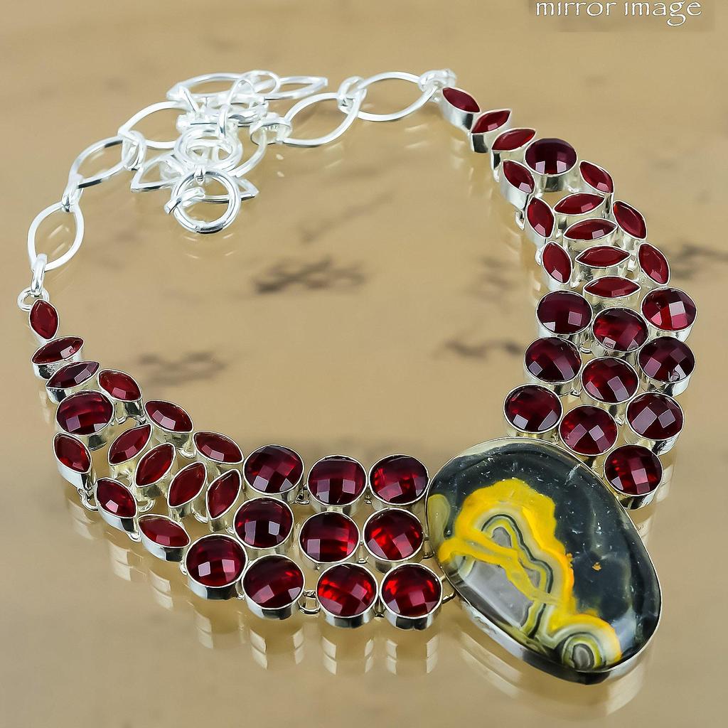 Natural Bumble Bee Jasper Gemstone Chain Adjustable Necklace 925 Sterling Silver