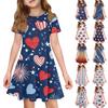 Girls Short Sleeve Pocket Dress Independence Day Print Casual Summer Dress Soft Fabric Comfortable Fit