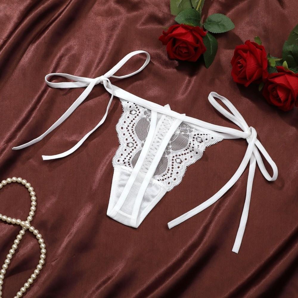 Adjustable Waist Strap Bow Lace Flower Transparent Briefs Low Waist Romantic T Panties Gift