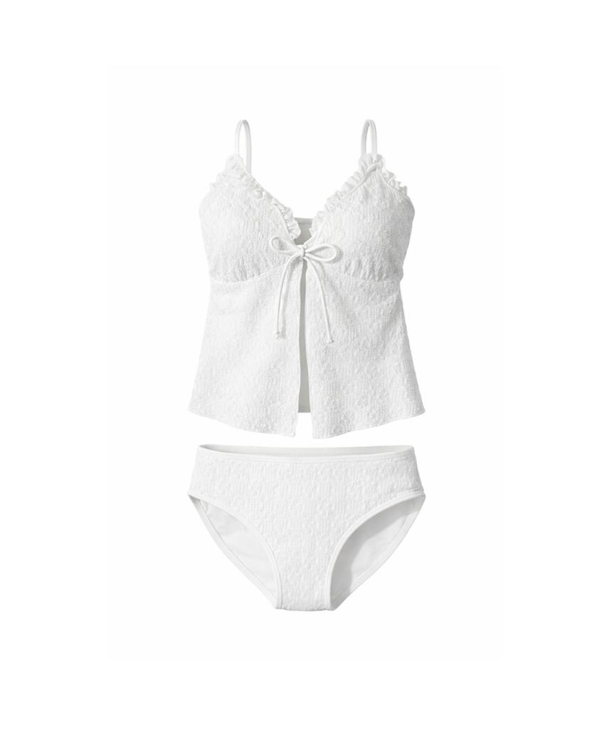 VIKINI VENDER Julie Ribbon Tie Textured Bikini Skirt Set 3Pcs - White